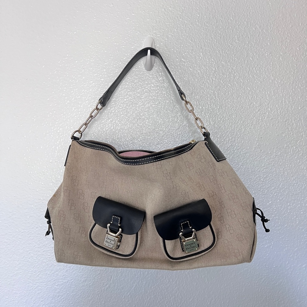 Dooney & Bourke Y2K Tan and Black Hobo Shoulder Bag with Silver Hardware